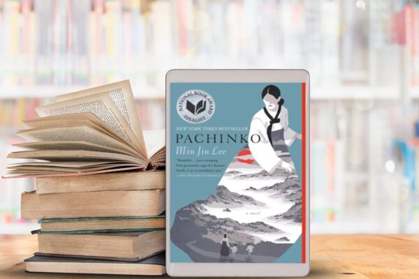 Pachinko book club questions. book cover and stack of books