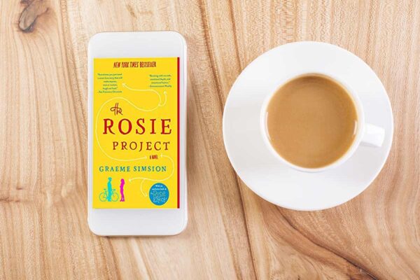The Rosie Project book club questions. phone screen, book cover and coffee