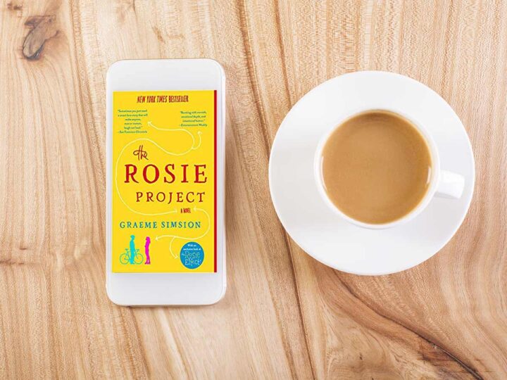The Rosie Project book club questions. phone screen, book cover and coffee