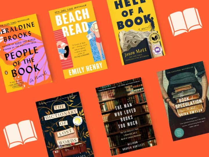 Books about books. with book covers and orange background