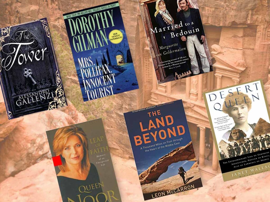 Books set in Jordan. with book covers and Petra background