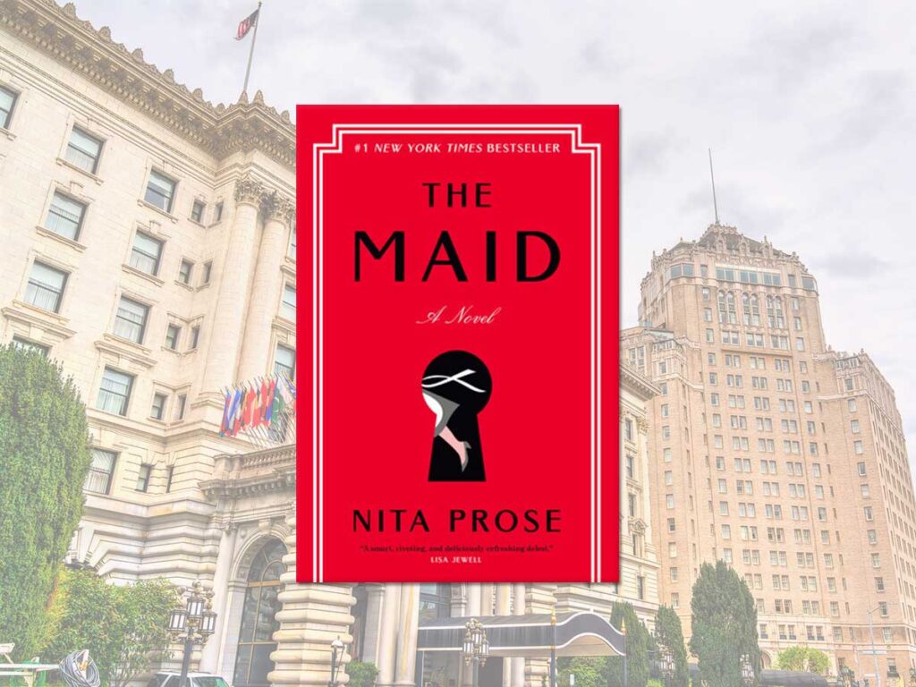 The Maid book club questions. Book cover and hotel background