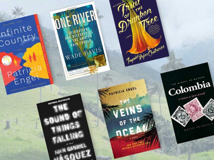 Books about Colombia with book covers and palm tree background.