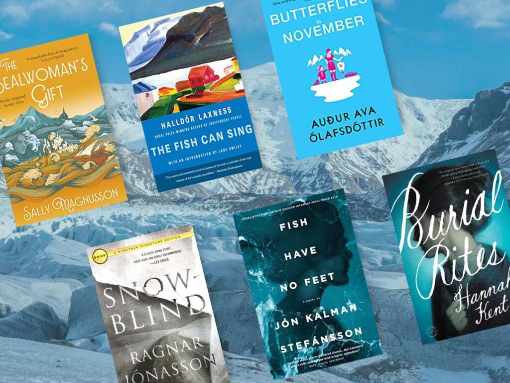 Books about iceland with book covers and glacier image