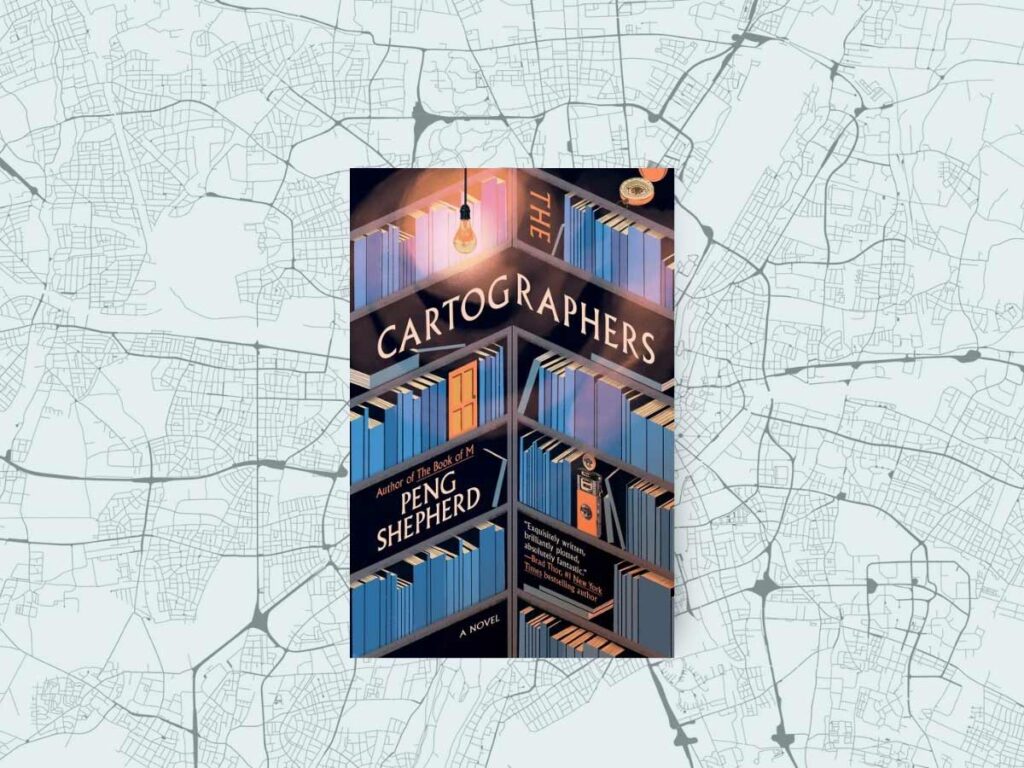The Cartographers book club questions. with book cover and map background