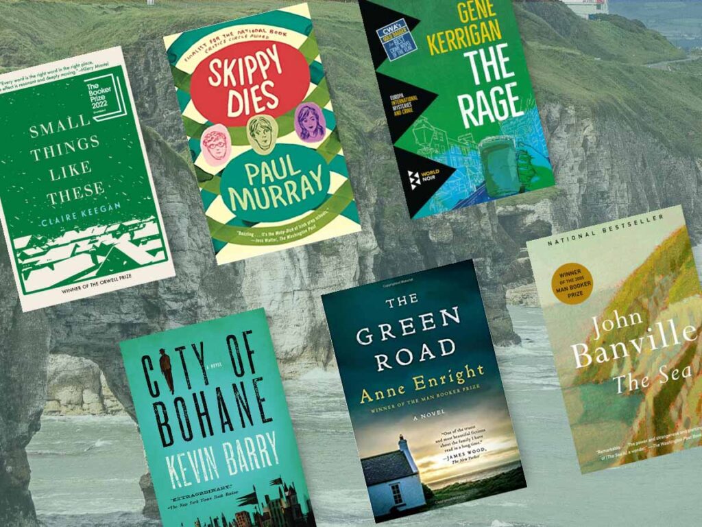 Books about Ireland, with book covers and ocean landscape. 