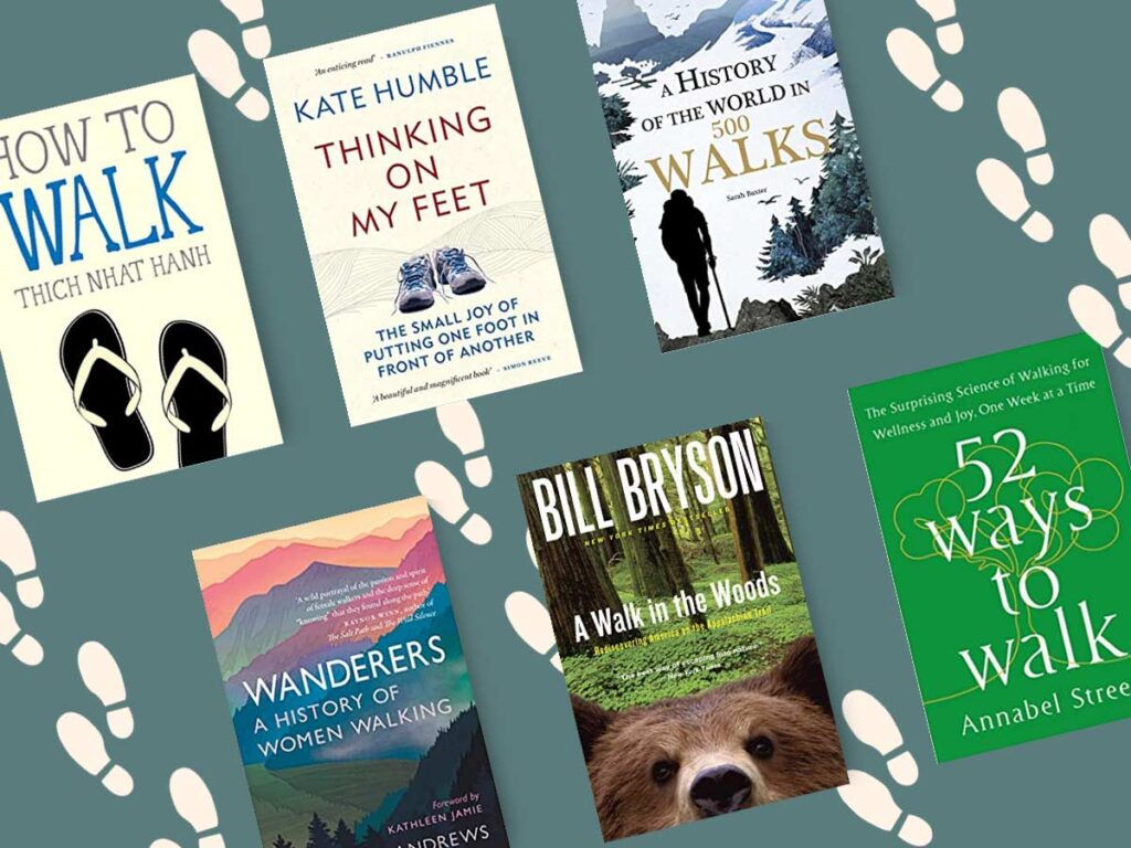 Books about Walking , with book covers and footprints. 
