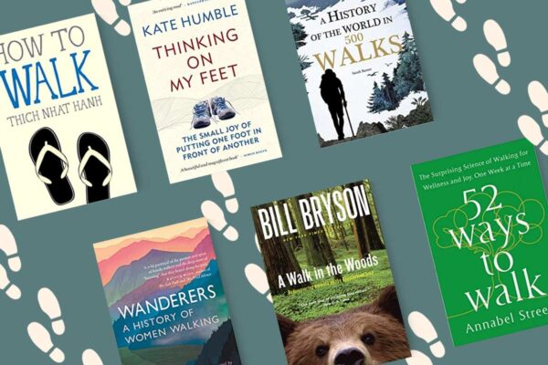 Books about Walking , with book covers and footprints.