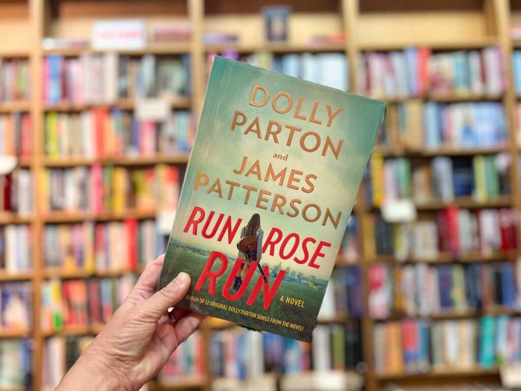 Run Rose Run book club questions with book cover and bookshelves.