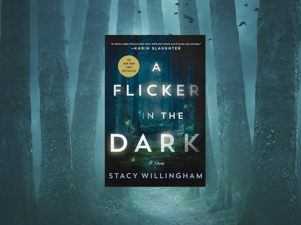 A Flicker in the Dark Book Club Questions, with book cover and dark woods. 