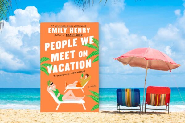 People We Meet on Vacation book club questions, with beach sand and umbrella.
