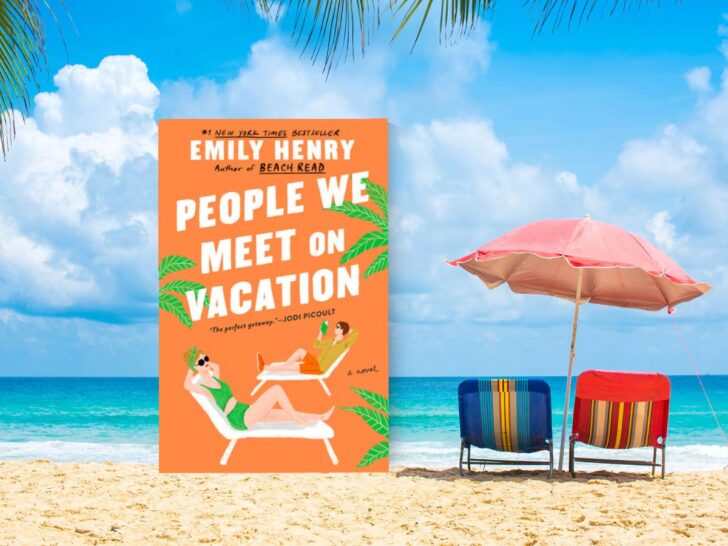 People We Meet on Vacation book club questions, with beach sand and umbrella.