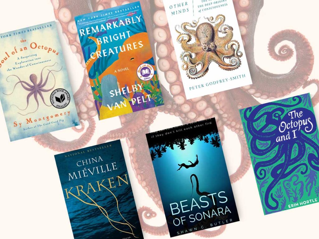 Books about octopuses, with book covers and octopus tentacles.