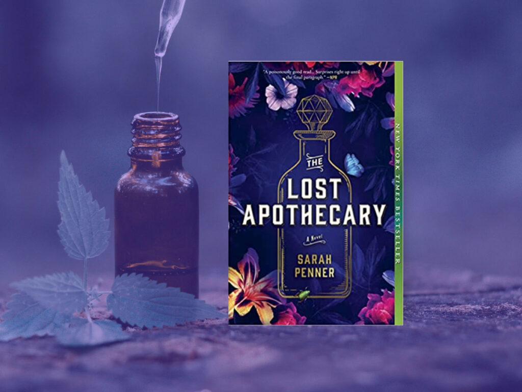 The Lost Apothecary book club questions, with book cover and stopper bottle. 