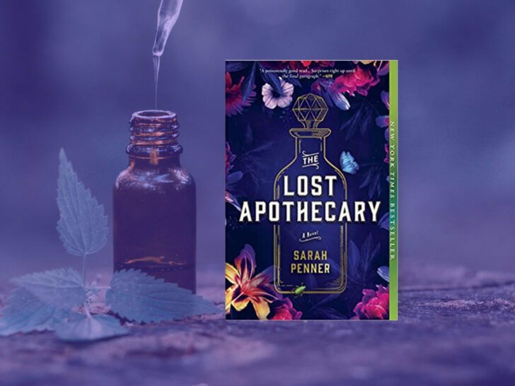 The Lost Apothecary book club questions, with book cover and stopper bottle.