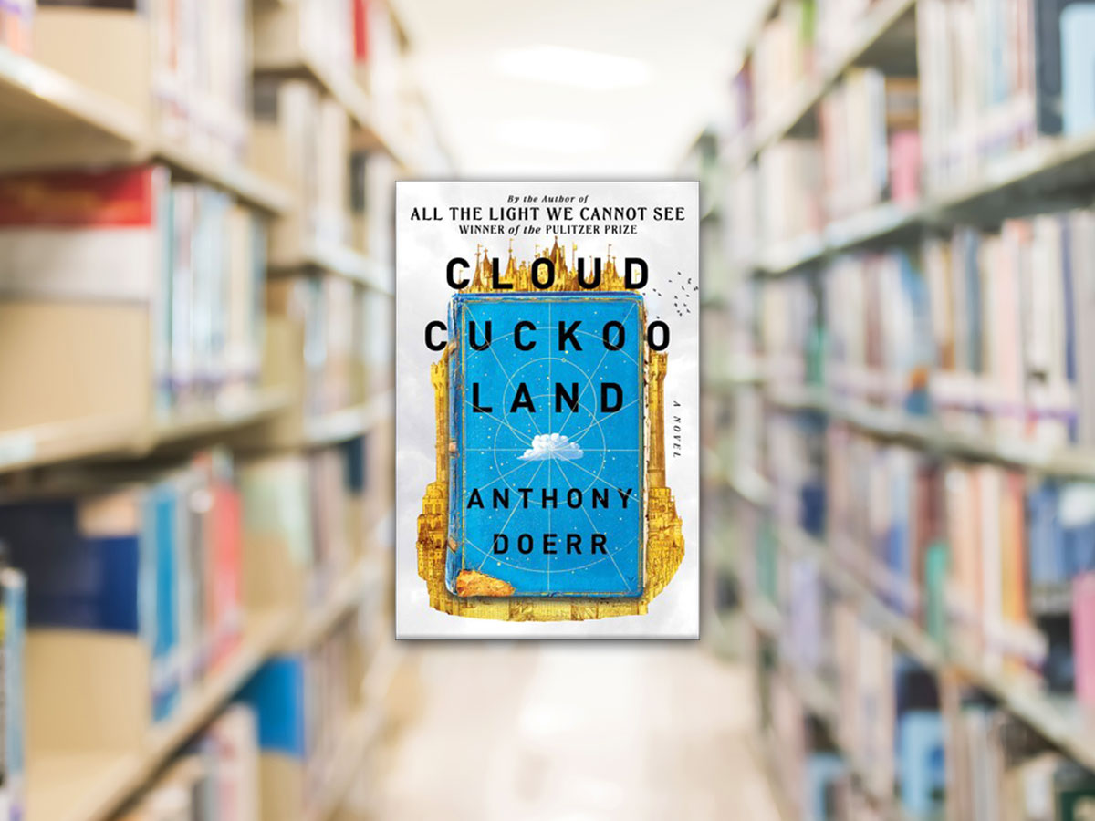 Cloud Cuckoo Land book club questions, with book cover and blurred book shelves.