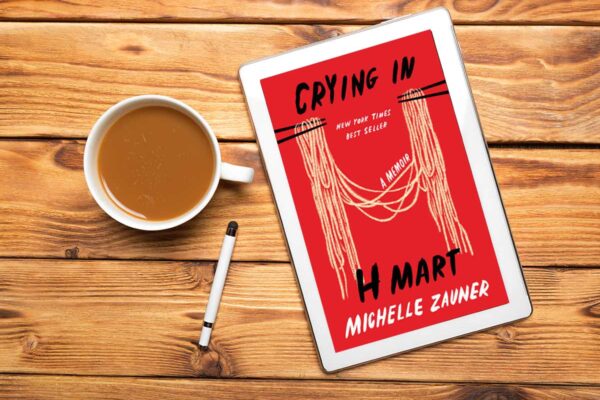 Crying in H Mart book club questions with book cover and coffee.