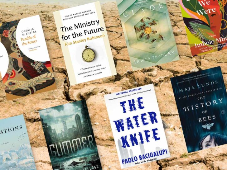 Climate fiction books, with book covers and parched landscape.