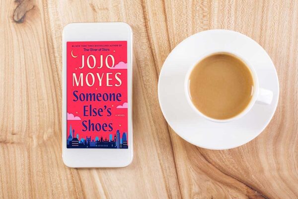 Someone Else's Shoes book club questions, with book cover and coffee mug.