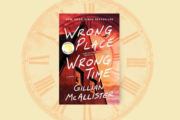 Wrong Place Wrong Time book club questions, book cover and clock face.