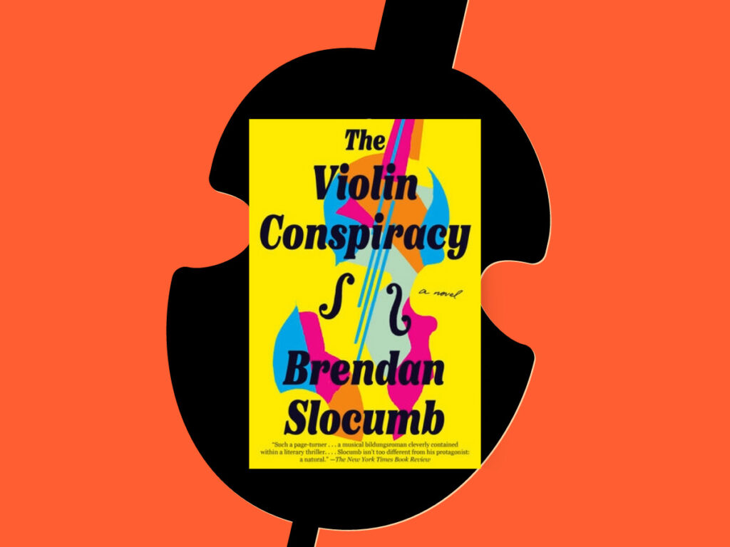 The Violin Conspiracy book club questions, with book cover orange background.
