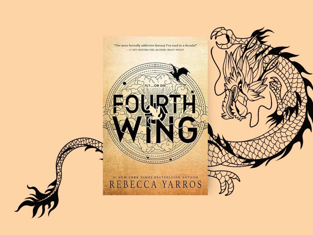 Fourth Wing Book Club Questions, with book cover and dragon.