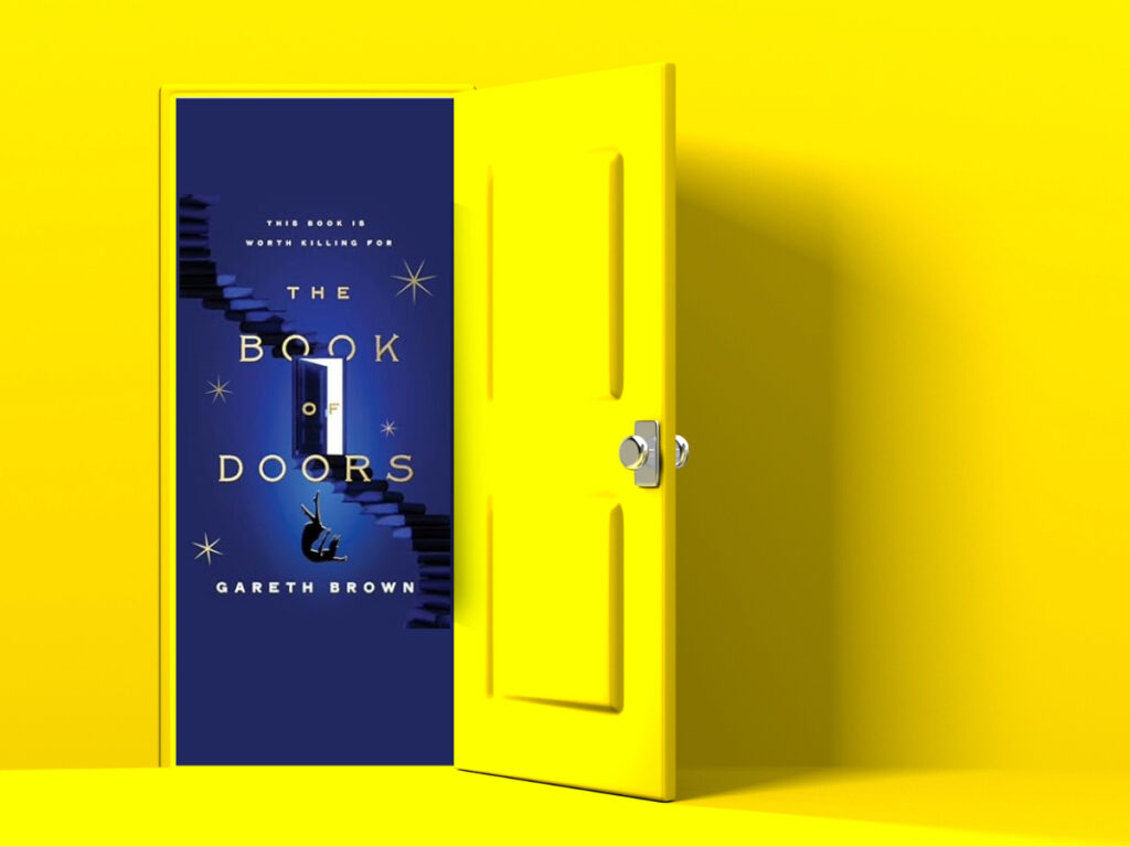 The Book of Doors book club questions, with yellow door and book cover.